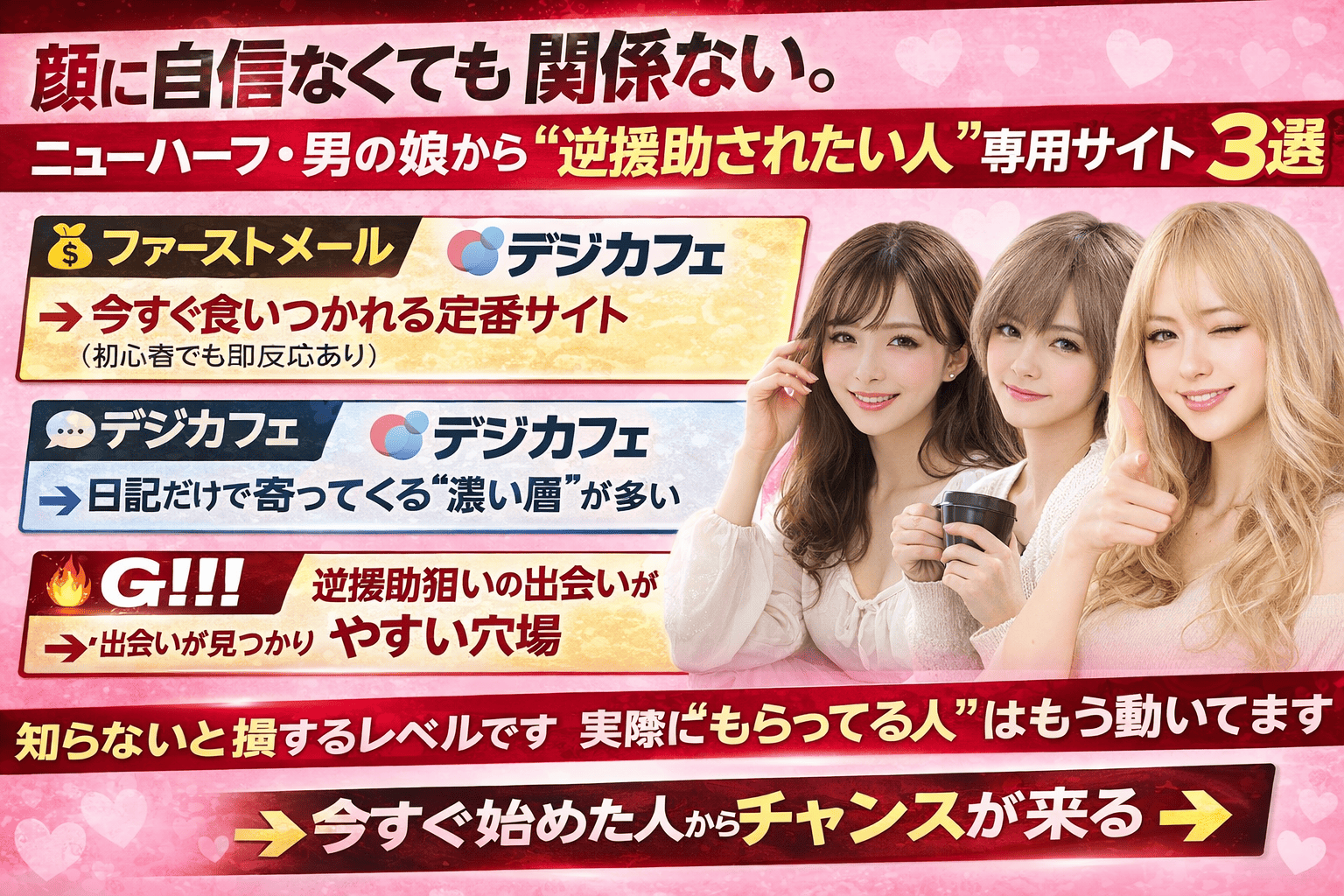 顔がでかく見た目に自信がなくてもサポートOK！ニューハーフ・女装娘（男の娘）から逆援助されたいときに使えるサイト3選